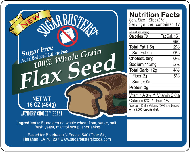 Sugar Buster Flax seed bread label